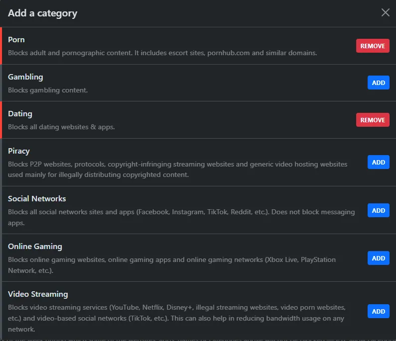 NextDNS block-by-category view