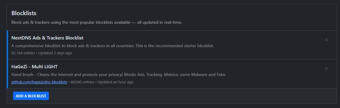 NextDNS privacy-tracking blocklists view