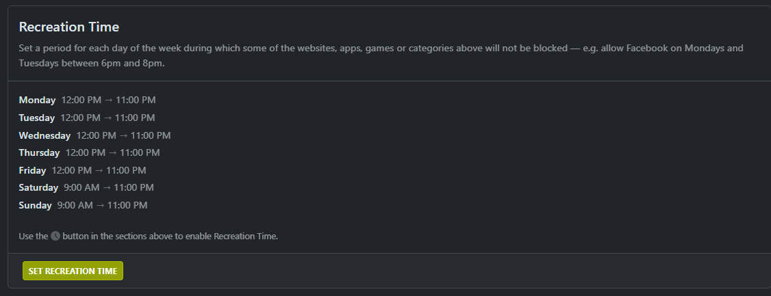 NextDNS time schedule controls for specific blocks